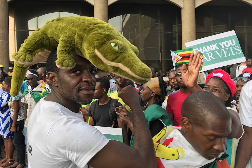 A man with a stuffed crocodile on his head among a crowd of people on the street.