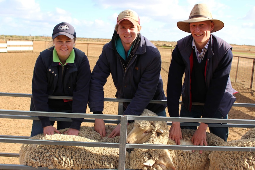Young wool growers Heidi Stephens, Hay, NSW, Jack McGrath, Bourke, NSW, and James Lines, Mount Bryan, SA.