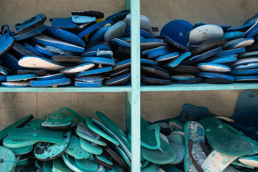 Thongs collected from the beach at Big Barge Arts Centre.