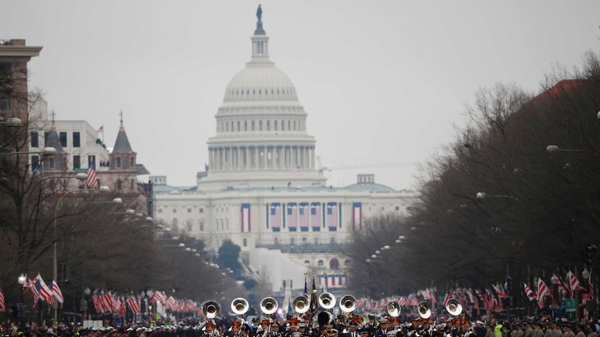 The US Army band Pershing's Own marches during the inaugural parade.