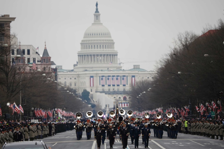 The US Army band Pershing's Own marches during the inaugural parade.