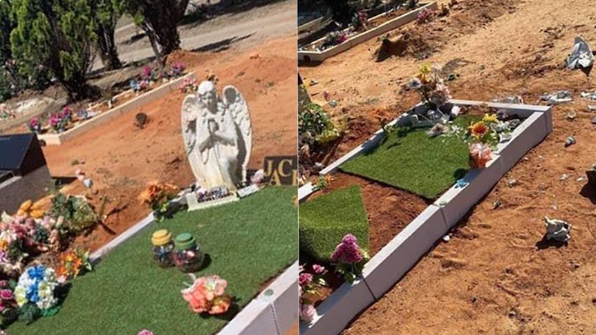 A photo of the grave. A stone angel has been destroyed and flowers kicked over in this before and after photo.