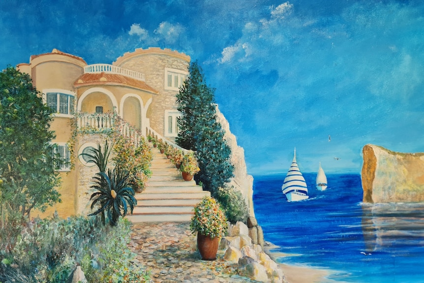 A painting of a Mediterranean villa next to a bright, blue ocean.
