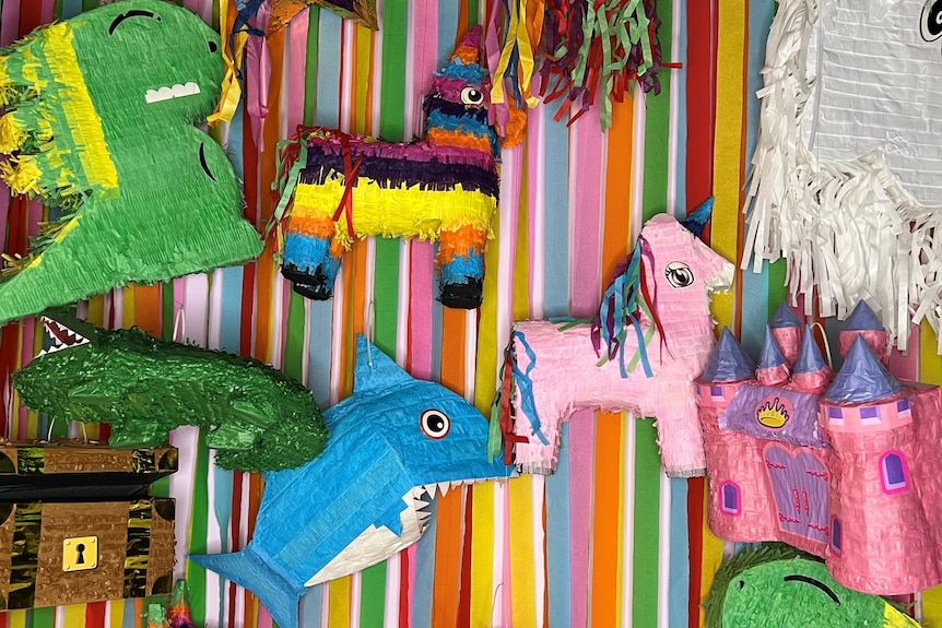 A rainbow and Piñata installation at the Canberra Selfie Museum