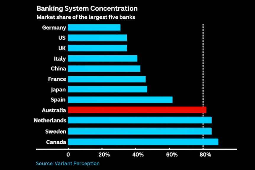 Australia's five biggest banks have one of the largest market shares amongst key developed economies.
