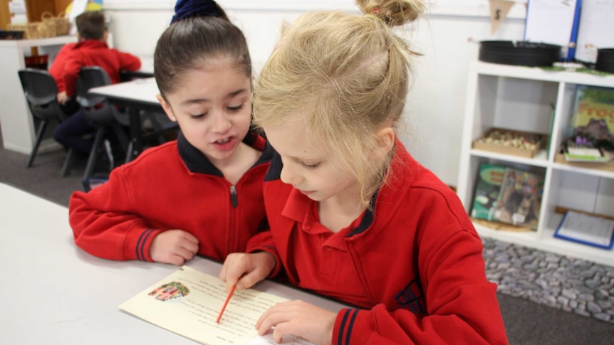 Two young school kids work together on reading a small book designed to help students learn to read.