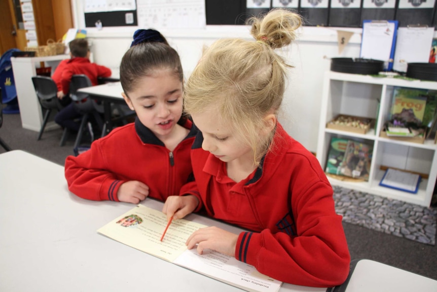 Two young school kids work together on reading a small book designed to help students learn to read.