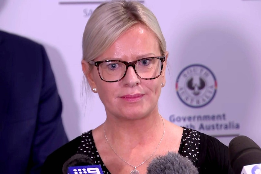 A mother stands in front of microphones at a media conference.