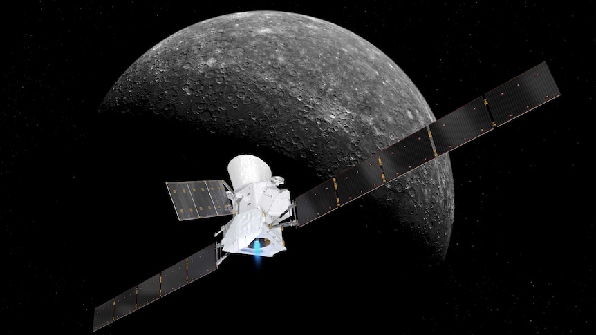 Artist's impression of BepiColombo spacecraft approaching Mercury.