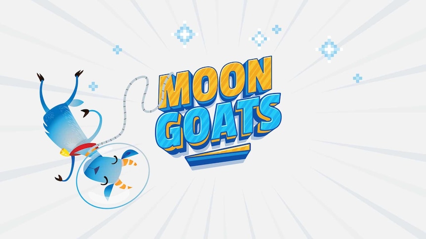A goat dressed as an astronaut floats in space. The title reads Moon Goats.
