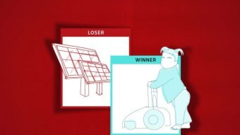 Illustration of winner with picture of girl pushing cart for childcare and loser card of solar panels representing renewables.