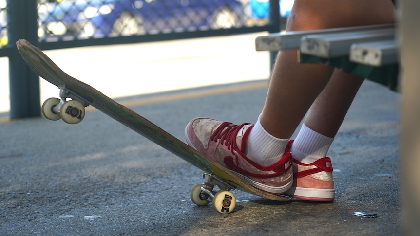 Kids shoes on skateboard