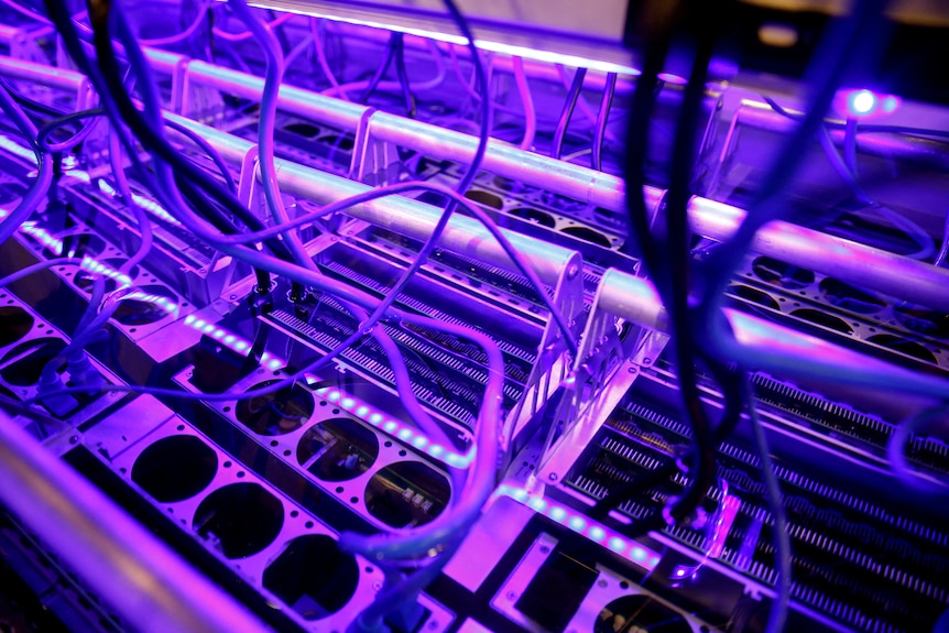 Cryptocurrency mining computers are seen in a liquid immersion cooling mining tank.