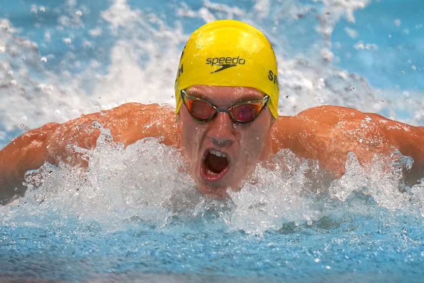 A swimmers races in the final of the men's 400m individual medley at Tokyo.