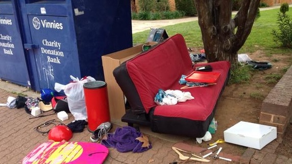 Goods left out over the weekend at the King William Road St Vincent de Paul charity site.