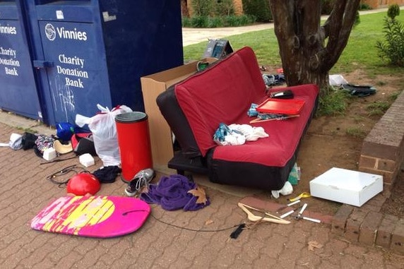 Goods left out over the weekend at the King William Road St Vincent de Paul charity site.