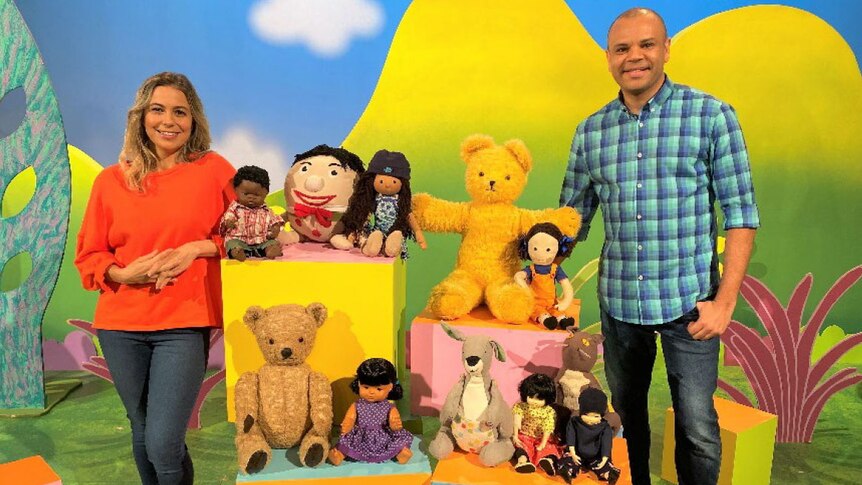 Rachael and Luke with the Play School toys on the Play School set