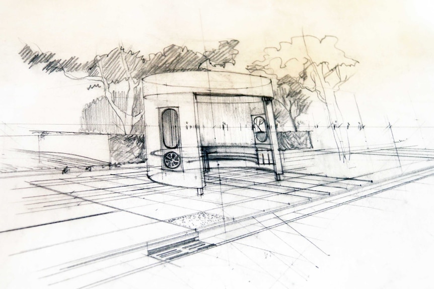 Early sketch of concrete bus shelter
