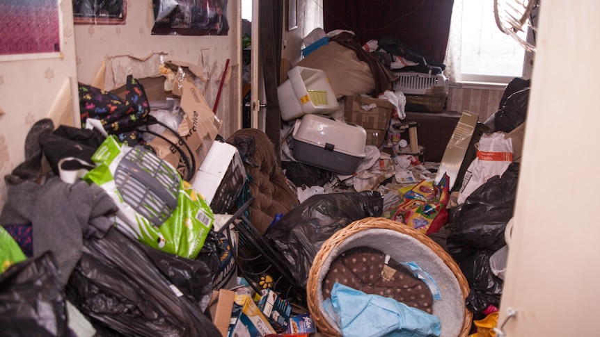 A hallway of a house blocked with piles and piles of clutter.