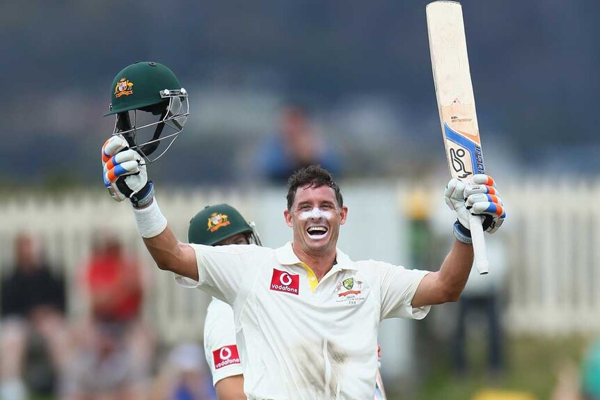 More of the same... Mike Hussey celebrates his 19th Test century.