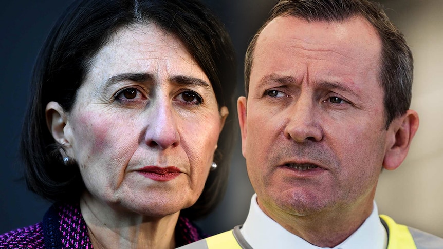 Headshots of Gladys Berejiklian in a purple coat and Mark McGowan in a yellow high-viz vest.