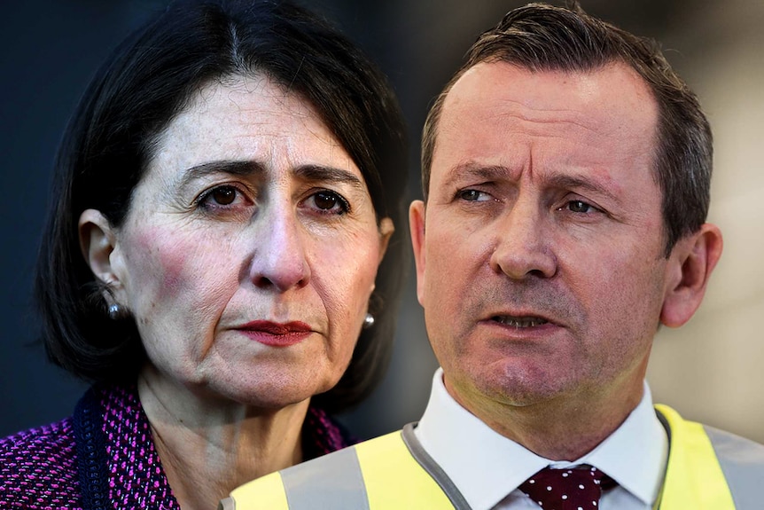 Headshots of Gladys Berejiklian in a purple coat and Mark McGowan in a yellow high-viz vest.