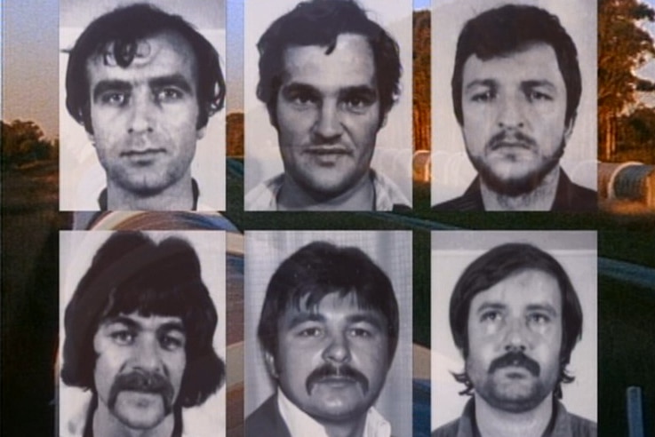 Old black and white mugshots of six middle-aged men.
