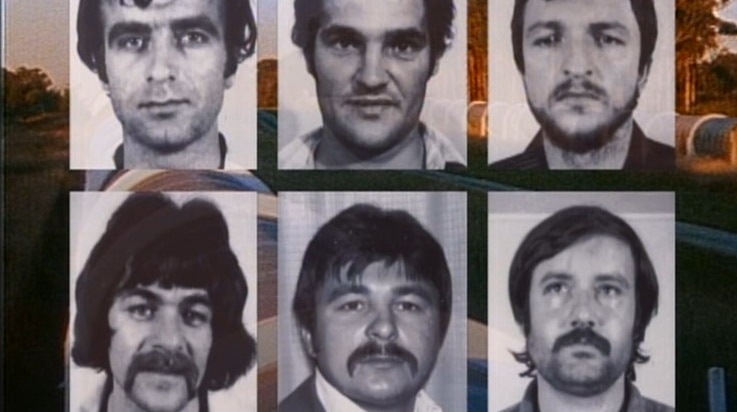 Old black and white mugshots of six middle-aged men.