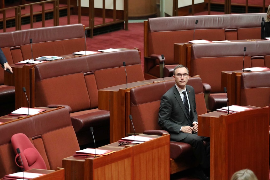 Independent Senator for South Australia Tim Storer sits alone in the front row of the Senate, looking towards the press gallery.