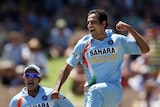 Irfan Pathan leaps for joy after claiming the scalp of Matt Hayden