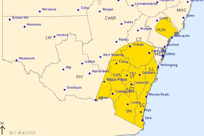 A map of NSW showing areas expected to be hit by wild winds.