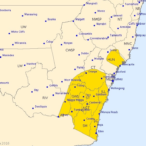 A map of NSW showing areas expected to be hit by wild winds.