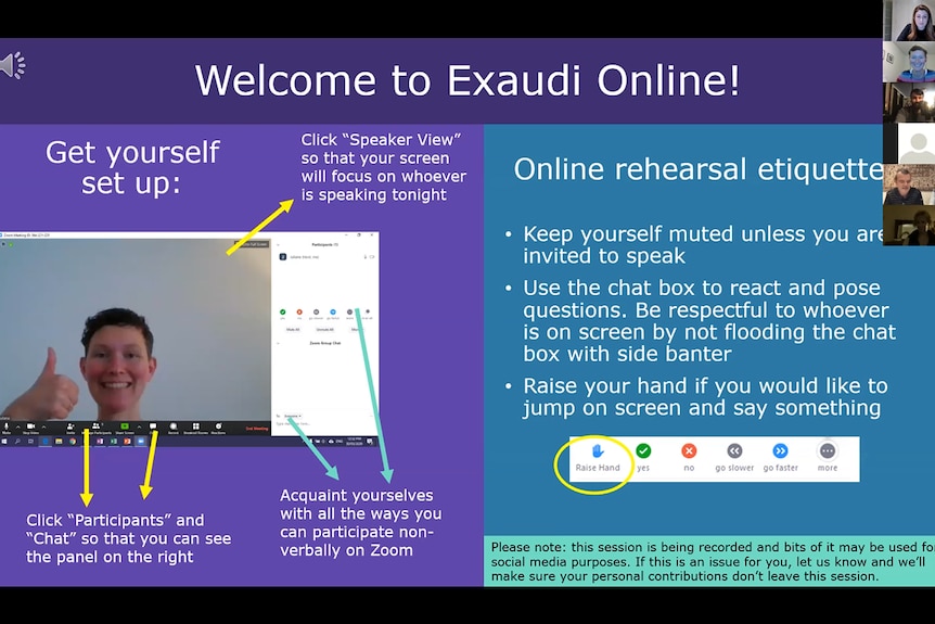 Screenshot with instructions for online rehearsal participants.