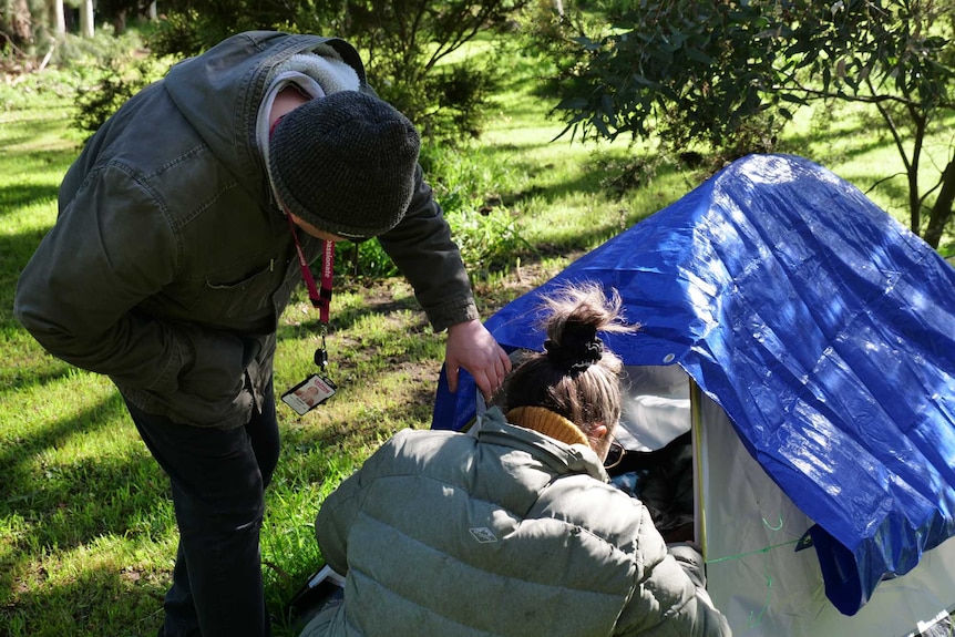 Two people peer into a thin hiking tent set up on grass in the shade of trees