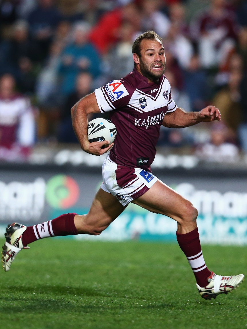 Two tries ... Brett Stewart streaks away to score against the Broncos