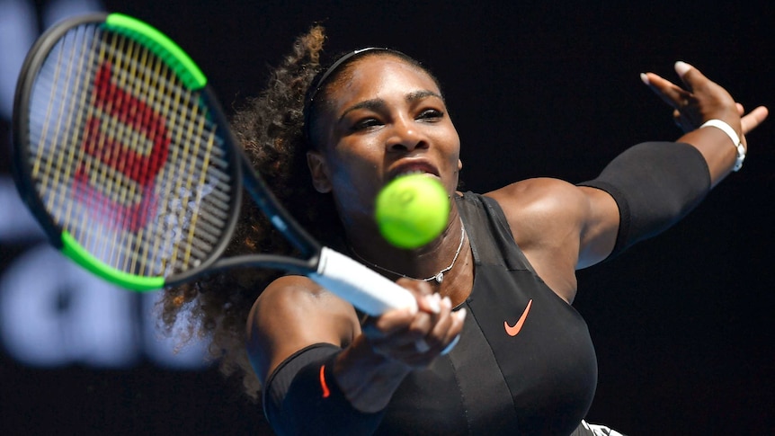 Serena Williams reaches for a forehand against Belinda Bencic at the 2017 Australian Open.