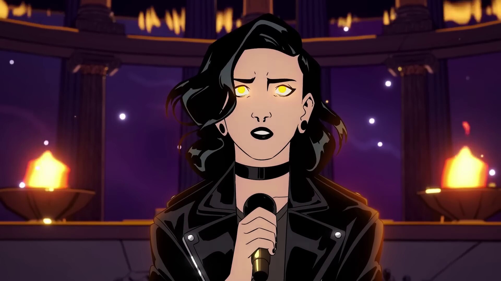 Art from Stray Gods, depicting a young woman singing into a mic while her eyes glow, against a backdrop of flames