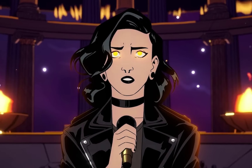 Art from Stray Gods, depicting a young woman singing into a mic while her eyes glow, against a backdrop of flames