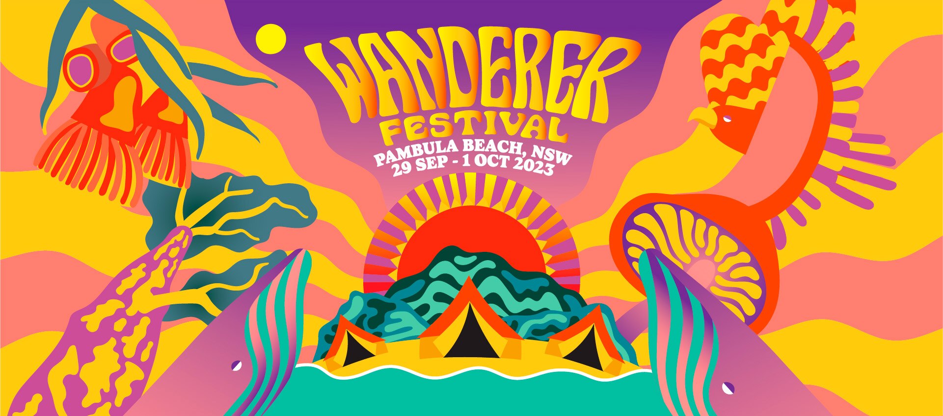 photoshopped banner with psychedelic art reading 'wanderer festival pembula beach 29 sept - 1 oct 2023'