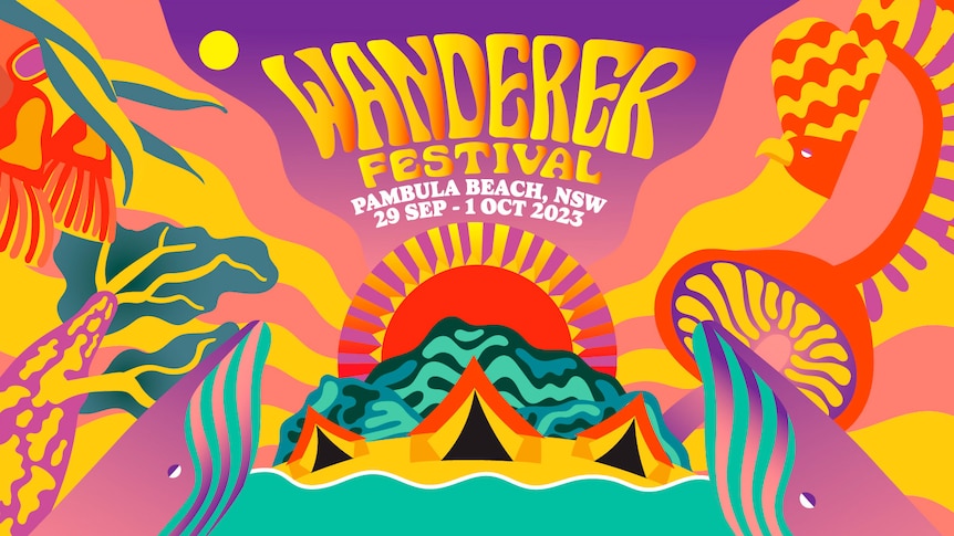 photoshopped banner with psychedelic art reading 'wanderer festival pembula beach 29 sept - 1 oct 2023'