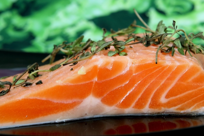 A slab of raw salmon fillet with herbs scattered on top, viewed from the side.