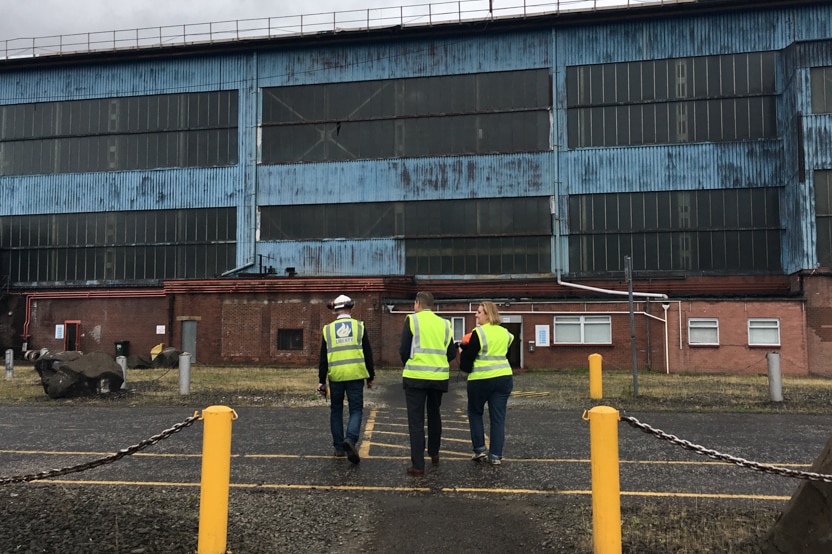 Sonya Feldhoff (R) tours Liberty Steel's plate mill.