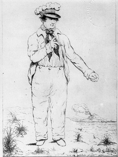 A cartoonish sketch of a man with a ridiculous hat on and old fashioned clothing