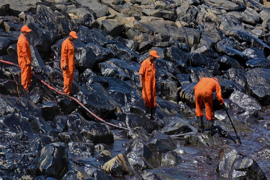 Indian Coast Guard personnel work to clear the slick after an oil spill near Chennai.