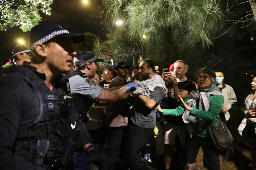 Police officers on the left scuffle with pro-Palestinian rally at Port Botany in Sydney on a dark night