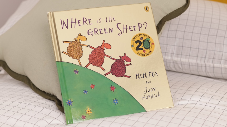 From cover of Where is the Green Sheep? by Mem Fox and Judy Horacek. With three colourful sheep running down a hill