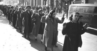 Jewish women captured by the Nazis in Budapest, Hungary in October 1944.