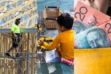 Man on construction site, child playing, cash