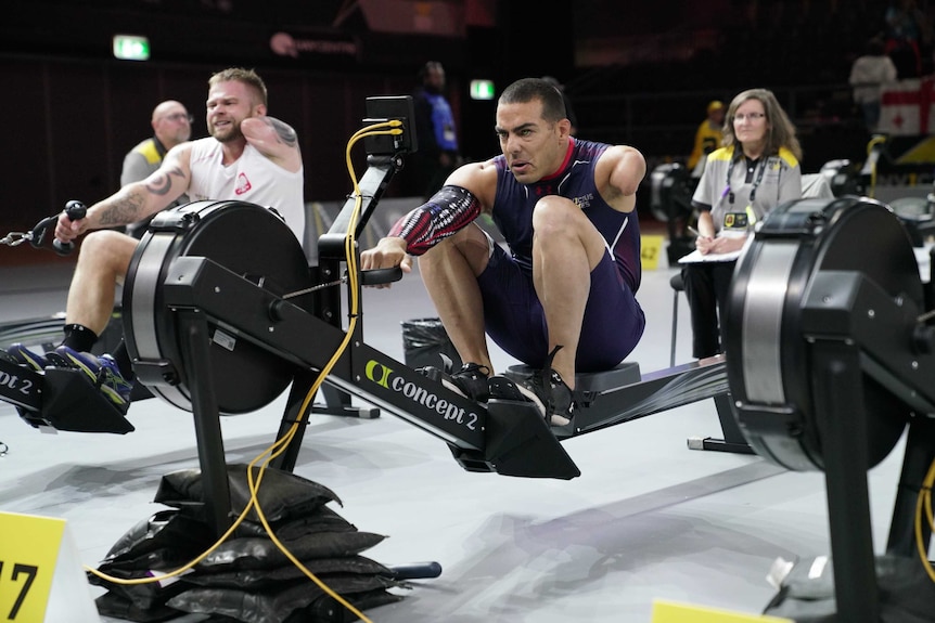 Competitors take part in the dry land rowing event at the 2018 Invictus Games in Sydney.