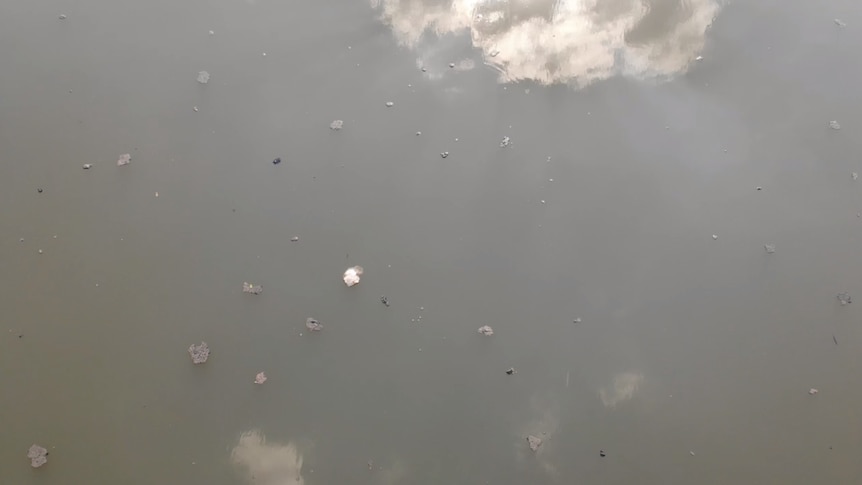 Pieces of plastic rubbish flow through the Mekong River.